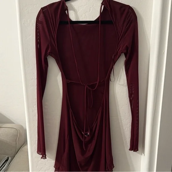 Red Ruched Long Sleeve Mini Dress - Picture 4 of 6